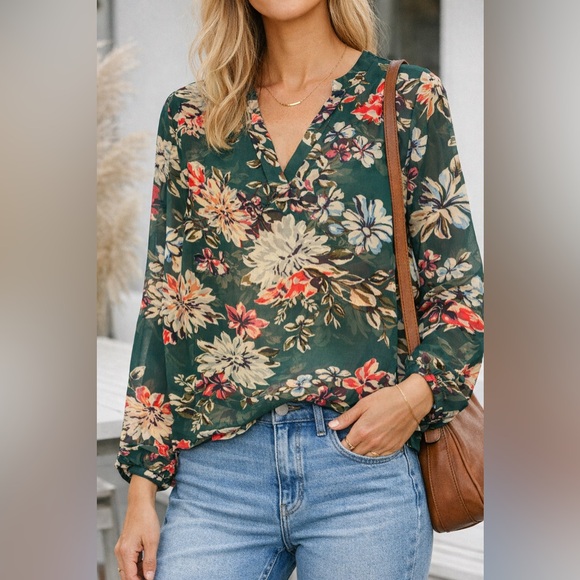 a new day Tops - New Day Green Floral Sheer Blouse Size Small